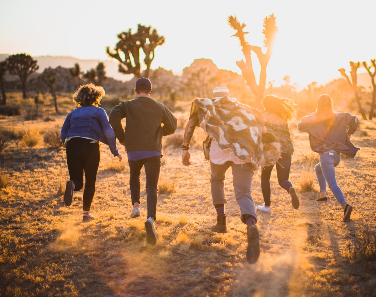 A group of runners on a trail at golden hour